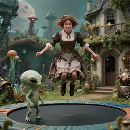detailed, sharp, a girl jumping on a trampoline with her cute pet humanoid alien creature, wearing 1860s era clothes, in the garden of a house on an alien planet with strange alien plants growing, steampunk, extremely highly detailed, steampunk, in focus faces, 70 mm film still from a period sci fi color movie, 4k, HD, cinematic lighting