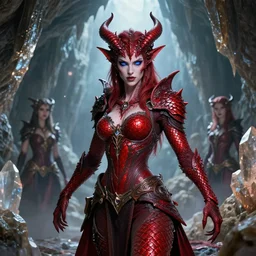 half - portrait, buff female aasimar sorcerer, combat pose, draconic bloodline, red scales, bright blue eyes, ornate, very detailed, soft, crystal cave, 1 6 k, octane render, ross tran, greg rutkowski, magali villeneuve, ayami kojima, symmetry