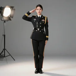 full body photo of the beautiful girl in the general officer uniform, saluting towards the camera, sigma 8 5 / 1, 4 dg, ultra - hd, hcl, one point lighting, volumetric lighting, studio lightning