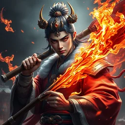 handsome nezha, highly detailed, man holding spear, flame everywhere, epic pose, masterpiece chinese fantasy character portrait, highly detailed, digital painting, trending on artstation, concept art, sharp focus, illustration, global illumination, ray tracing, realistic shaded, art by artgerm and greg rutkowski and fuji choko and viktoria gavrilenko and hoang lap