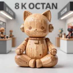 8 k octan, advertising, highly detailed, photo, a totally wooden figurine collectible tin toys art toys wooden on feet, very cute fat cyborg meditation zen, with cat ears cyberpunk, graffiti ratio, design, showroom dealership indoor display convention exhibition a contemporary art gallery masterpiece - a k _ dpm _ 2