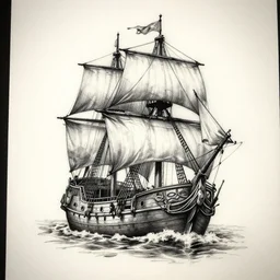 realism tattoo design sketch of a pirate ship, in the style of Niki Norberg
