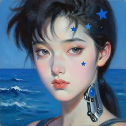 hyperrealism oil painting, blue stars mixed with ocean waves background, close - up portrait of cyborg fashion model with pale skin in soft light, in style of classicism mixed with 8 0 s japanese sci - fi books art