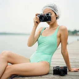a film photography of a woman slender, wearing a mint green one-piece swimsuit, wearing a white shower cap, sitting on a wood dock, low angle 50mm close shot, Kodak Portra film 800, Leica M6 film camera, light film grain, depth of field