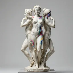 sculpture statue of Elle Fanning by Jean-Baptiste Carpeaux and Luo Li Rong and Michael James Talbot, all body, standing athletic pose, perfect symmetrical face, psychedelic, bodypaint, colored, white marble, in full growth, elegant, realistic, 8K, female full-skin figure, hyperrealism, subsurface scattering, raytracing, rim light, Octane Render, Redshift, Zbrush