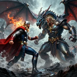 thor god of thunder versus sea serpent chaos dragon jormungandr, during battle of ragnarok, detailed artwork