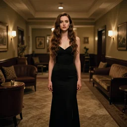 style artgerm, dean cornwell, ellen jewett : : dimly lit hotel lobby : : lobby of a hotel : : furniture, walls, floors : : beautiful anna kendrick with black dress, very long wavy brown hair : : detailed, cinematic lighting