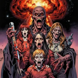 detailed image of a screaming and creepy family in the deep space by richard corben, nuclear explosion, rich deep colors. masterpiece . intricate artwork, very coherent symmetrical artwork, cinematic, hyper realism, high detail, auschwitz camp,  octane render, unreal engine, 8k, Vibrant colors, Smooth gradients, High contrast, depth of field. by Katsuhiro Otomo, full body character drawing, inspired by Evangeleon, clean ink detailed line drawing, intricate detail, extremely detailed.