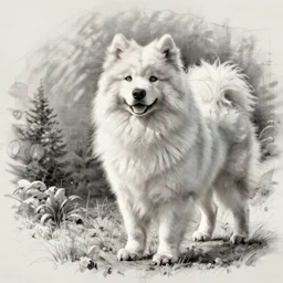 a detailed technical blueprint of a samoyed