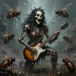 Death by rock and roll, very detailed and beautiful face, screaming, electric guitar, mechanical insects. Horror, music, artwork by artgerm, centered shot, wide angle, full body, islandpunk, solarpunk, DD, fantasy, highly detailed, digital painting, artstation, smooth, sharp focus, art by thomas kinkade and H.R. Giger and Kevin Swartz