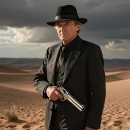 clint eastwood in a black suit and black fedora hat. he has a desert eagle gun.