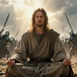 cinematic close up artwork of russell brand in a robe meditating while medieval warriors fight in a battle by greg rutowski, 4 k, sun rays, masterpiece