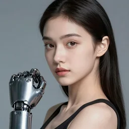 young attractive woman, ultrarealistic face, cyberpunk, beautiful body, high detail, realistic cyber arm, closeup 4k