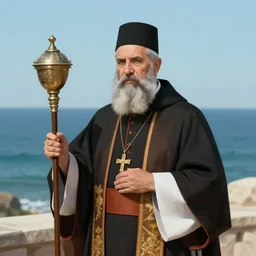 a gray - haired orthodox priest in a cassock with a censer on the background of the sea digital art, 8 k, character, realism, portrait