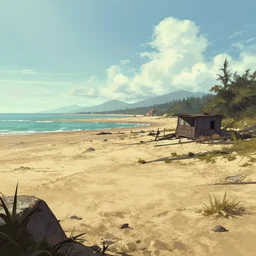 Sunny day in abandoned bay at dried sea, dystopian style detailed digital art by Greg Rutkowski, Thomas Kinkade, rossdraws, trending on Artstation, outlined silhouettes