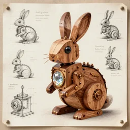 mechanical rabbit with a crystal inside the chest, steampunk design, made of woods, by Leonardo da Vinci, drawn projects on paper, instructions to build it