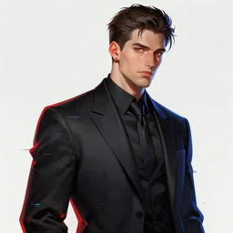 a handsome man wearing a black suit, red and blue glitchpunk, highly detailed, digital painting, trending on artstation, concept art, sharp focus, illustration, art by artgerm and greg rutkowski and magali villeneuve