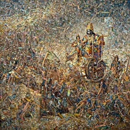 Krishana on a chariot with Arjun in the epic battle scene from Mahabharata, by Canaletto, by Bruce Pennington, by Ambrosius Benson, by Paul Lehr, masterpiece, oil on canvas, trending on artstation, top on pixiv, cinematic composition, dramatic scene, beautiful lighting, sharp, high details, astrophotography, no frames, 8K
