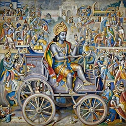Krishana on a chariot with Arjun in the epic battle scene from Mahabharata, by Canaletto, by Bruce Pennington, by Ambrosius Benson, by Paul Lehr, masterpiece, oil on canvas, trending on artstation, top on pixiv, cinematic composition, dramatic scene, beautiful lighting, sharp, high details, astrophotography, no frames, 8K