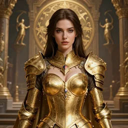 professional digital art of a hyper realistic and highly detailed beautiful woman in a beautiful complex and sexy golden armor. girl's face is hyper realistic, symetric, and highly detailed. background is an ancient temple, knights of zodiac. greg rutkowski, zabrocki, karlkka, jayison devadas, intricate, artstation, 8 k, unreal engine 5