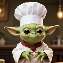a photograph of yoda dressed as a chef, with a chef hat