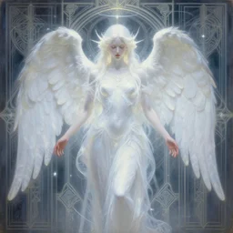 ethereal glowing white angel dmt deity, art deco repeating patterns, tim hildebrandt, wayne barlowe, bruce pennington, donato giancola, trending on artstation, cinematic composition, beautiful lighting, hyper detailed, 8 k, oil on canvas
