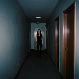 a creepy long dark hallway with Samara Morgan standing at the end of it, liminal space, 35mm photograph, flash photography