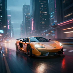 a photo of a supercars hurtling through a cyberpunk city, shutter speed, skyscrapers, neon, reflections, epic, octane render, volumetric lighting, haze, raytracing, 8 k