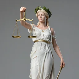 a full body portrait of themis the greek goddess, presenting the balance scale of justice, wearing a laurel wreath, extremely beautiful, accurate anatomy, by artgerm and by greg rutkowski and by alphonse mucha and by simon bisley, radiant light, detailed and intricate environment,