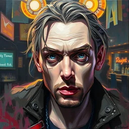 highly detailed expressionist oil painting of cyberpunk bar, expressive, impasto, pastel shades, rough canvas textured, dynamic pose, top lighting, loose brush strokes, perfect face, hyper detailed face, digital painting, artstation, concept art, hyper detailed eyes, art by sam spratt and peter mohrbacher and james jean