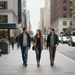 three people are walking in the city, wide - shot, professional color photograph