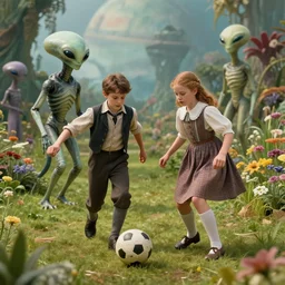 still from a sci fi blockbuster movie made in 2022, set in 1860, a boy and a girl are playing soccer with an humanoid alien, the boy and girl are wearing 1850s era clothes, in a park full of alien plants and flowers, on an alien planet, good lighting, 8k, in focus faces, good photography, oscar winner
