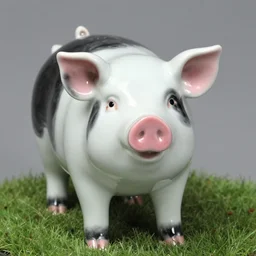 a porcelain sculpture of a pig, photorealistic, centered, close up shot, flash photography, black, white, light - pink, dark - pink, blades of grass, by bob eggleton, trending on artstation