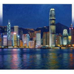 hong kong skyscrapers at night, water reflection, beautiful, painting by van gogh, post impressionism, high quality