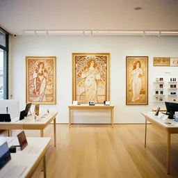 interior photography of a Microsoft Samsung flagship store in the style of Wes Anderson and Denis Villeneuve, alphonse mucha, retaildesignblog, dezeen, 14mm, pentax, film