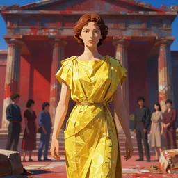possessed woman wearing an ancient greek tunic made of yellow paper, stephen bliss, unreal engine, fantasy art by greg rutkowski, rhads, ferdinand knab, makoto shinkai and lois van baarle, ilya kuvshinov, rossdraws, tom bagshaw, global illumination, radiant light, ancient greek temple ruins, red blue color theme