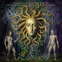 a surreal painting titled'the parametric decisions of a fishes strange life made by soft thick flesh and burning wooden stick constructions - the clock of medusa'by salvador dali and max ernst and picasso, dramatic lighting, organic, hyperdetailed, vibrant gold silver deep green purple, intricate fractal strands drape vegetation, glistening gossamer quantum soup film clings to everything