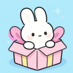 illustration of a cartoonish white rabbit in a gift box, pastel colors, painting, highligts