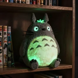 totoro made from glow in the dark plastic. totoro is sitting on a shelf, in a dark room, in the background comic books on shelf