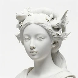 full head and shoulders, beautiful female porcelain sculpture mixed with an axolotls, by daniel arsham and raoul marks, smooth, all white features on a white background, delicate facial features, white eyes, white lashes, detailed white 3 d lizards on the head