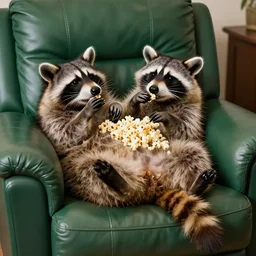 an obese raccoon lays on it's back while watching tv from a green leather recliner, the raccoon is lazily eating from a pile of popcorn on it's belly