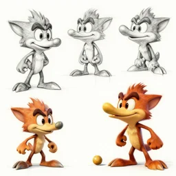 concept sketches of crash bandicoot, micro detail