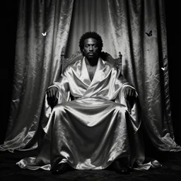 single Large black man sitting on throne wrapped in silk, background made of large folding silky curtains, dark, 8K photo realistic, black and white color, dimly lit, butterfly lighting, dark, artstyle rafael pavarotti