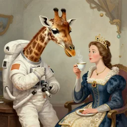 a giraffe astronaut drinking tea with queen isabel, trending on artstation, art by greg manchess, guangjian, detailed digital art, artstation hd