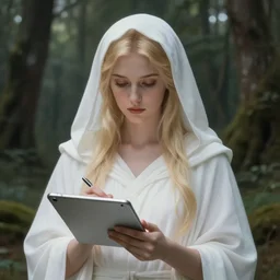 half - body portrait of the goddess of memory taking notes on a silver tablet in a forest, white hood, white robes, blonde, fantasy, magical, realistic and detailed, spiritual, supernatural, intricate, elegant, highly detailed, digital painting, trending on artstation, by wlop, 4 k octane render, beautiful, perfect