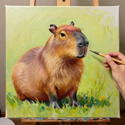 bob ross painting a painting of a capybara on a canvas