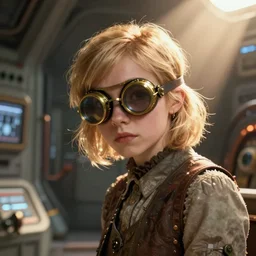 science fiction, awkward lonely brilliant female blond teenage tomboy girl with short hair, tomboy clothes, in a starship reactor room, wearing victorian brass goggles, smooth, extremely detailed, cinematic lighting, illustration, digital art, crepuscular ray, trending on artstation, art by greg rutkowski, golden ratio
