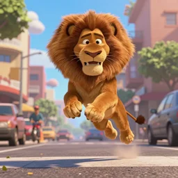 a lion jumping over a busy street, by pixar