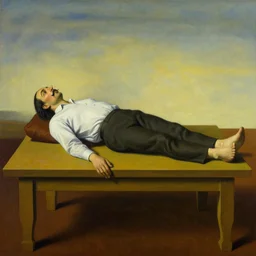 a painting of a person laying on a table, a surrealist painting by dali, behance, surrealism, surrealist, hyper realism, detailed painting