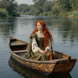 woman with long red hair in medieval dress, sitting in a small wooden boat, floating down the river by gustave klimt,